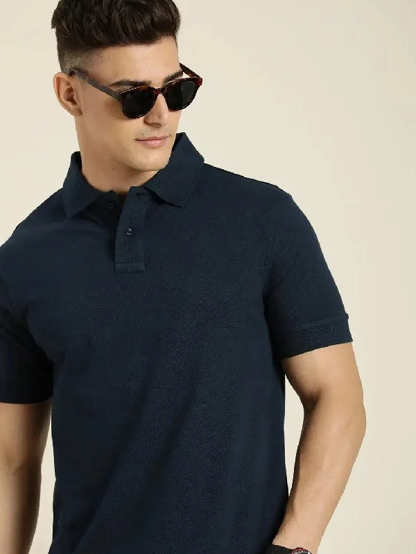 Mandarin collar polo shirtDillinger Navy Blue Solid Regular Polo T-shirt-DLPOL003NVY-S