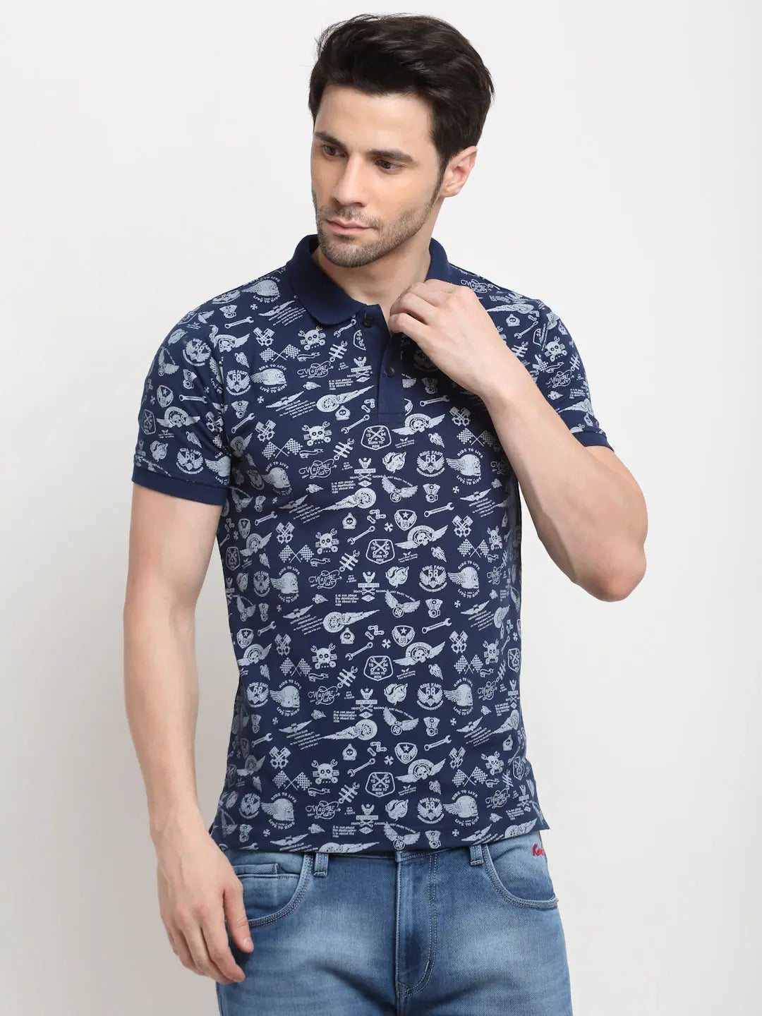 Logo polo shirtRodamo Navy Blue Printed Polo T-Shirts-111810102-L