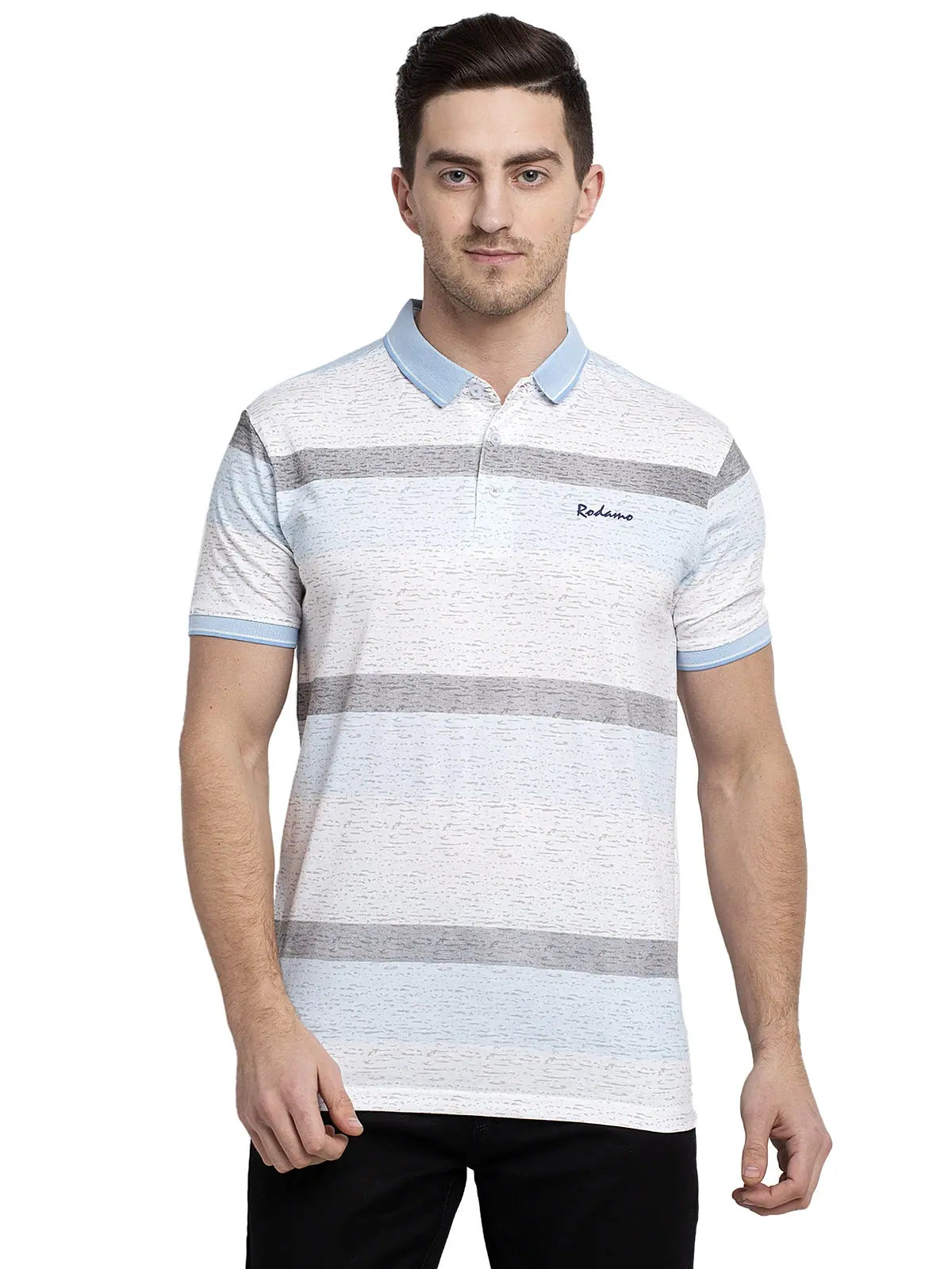 Color-block polo shirtRodamo Blue Printed Polo T-Shirts-111660101-L