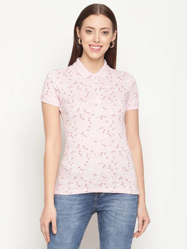 Travel polo shirtMettle Women Pink  White Floral Printed Polo Collar Cotton T-Shirt