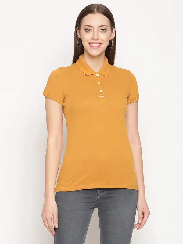 Party polo shirtMettle Women Mustard Yellow Polo Collar Cotton T-Shirt