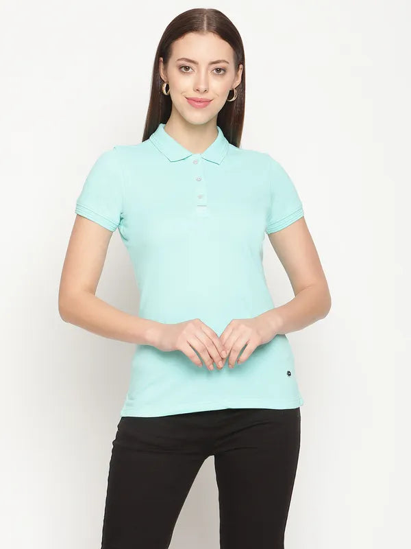 Evening polo shirtMettle Women Green Solid Cotton Polo Collar T-Shirt