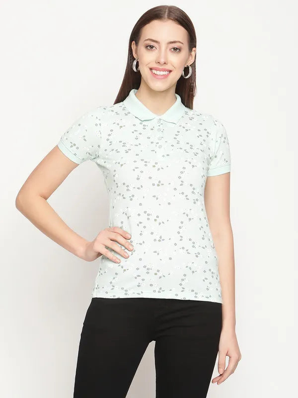 Office polo shirtMettle Women Green  White Printed Polo Collar Cotton T-Shirt