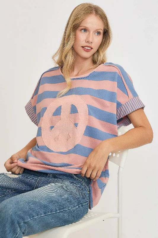 Button-Up T-ShirtsUmgee Peace Sign Patch Striped French Terry T-Shirt