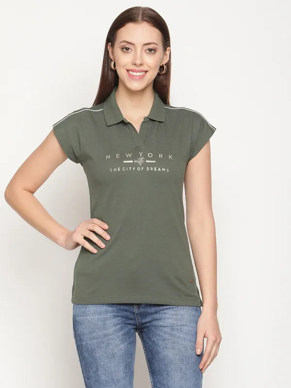 Convertible polo shirtMettle Women Olive Green Typography Printed Polo Collar Extended Sleeves Cotton T-Shirt