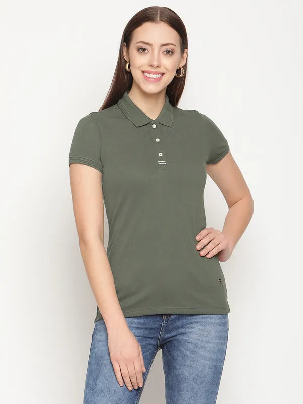 Maternity polo shirtMettle Women Olive Green Polo Collar T-Shirt