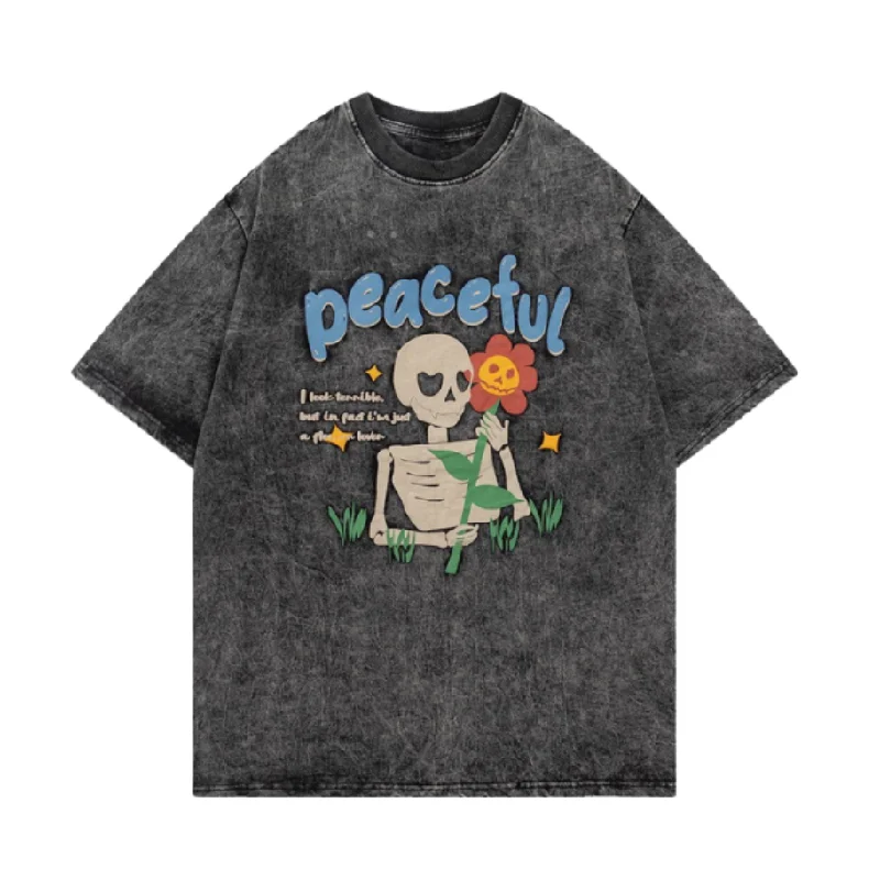 Hemp T-ShirtsVintage Street Skull Graphic Washed T-Shirt