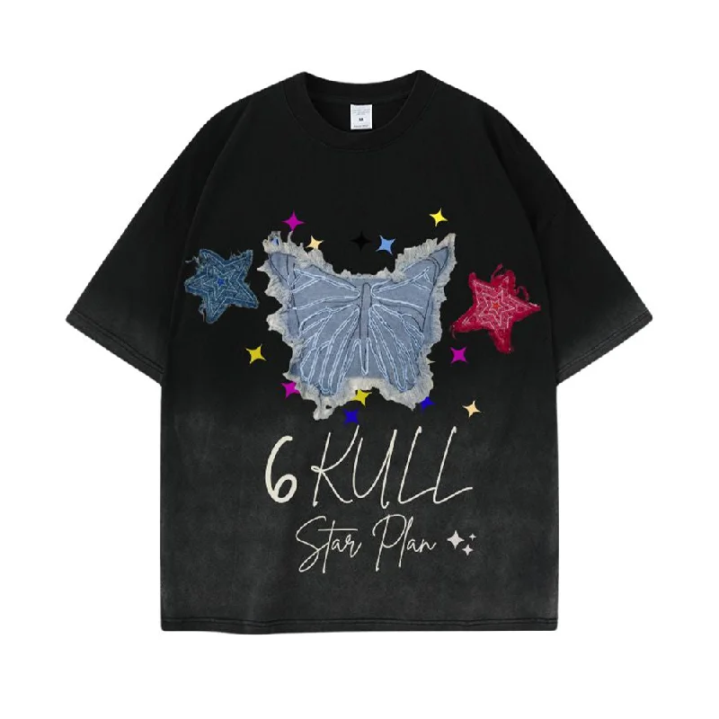 Organic Cotton T-Shirts6Kull Star Plan Butterfly Denim Washed T-Shirt