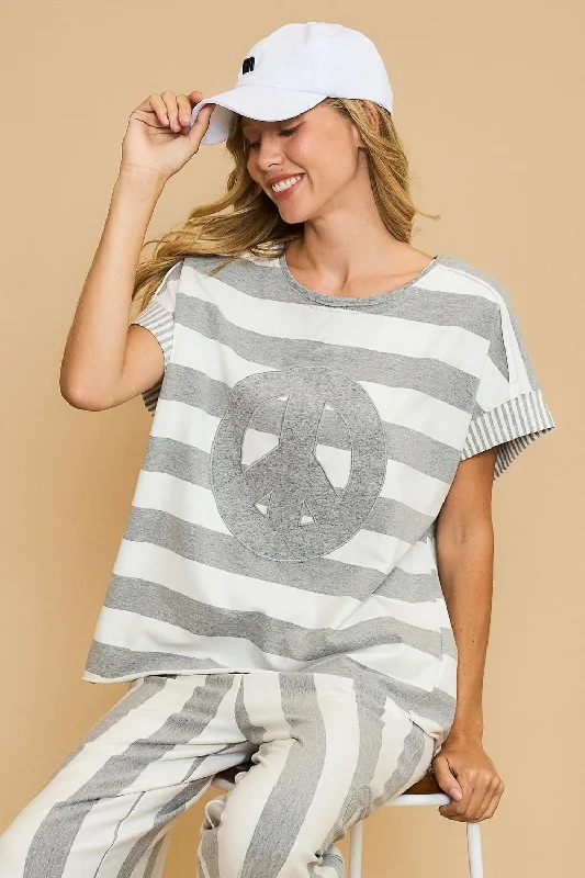 Statement T-ShirtsUmgee Peace Sign Patch Striped French Terry T-Shirt