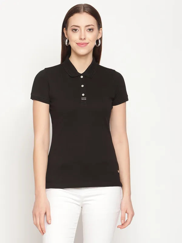 Heavyweight polo shirtMettle Women Black Polo Collar Cotton T-Shirt