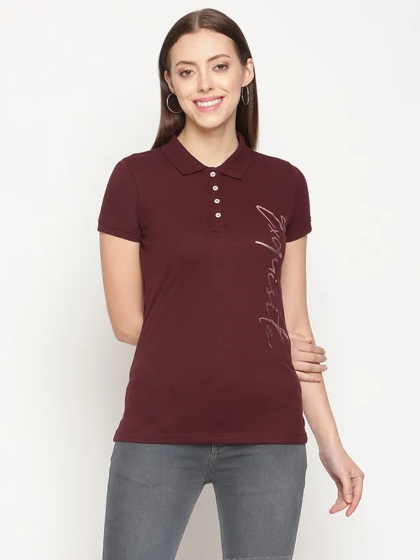 Lightweight polo shirtMettle Women Maroon Printed Polo Collar Cotton T-Shirt