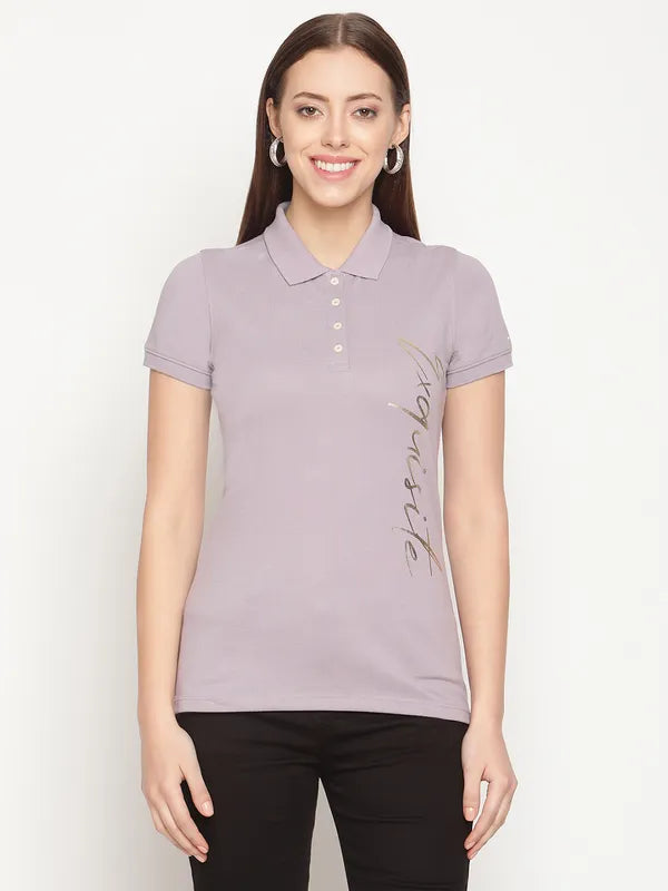 Quilted polo shirtMettle Women Purple Typography Printed Polo Collar T-Shirt