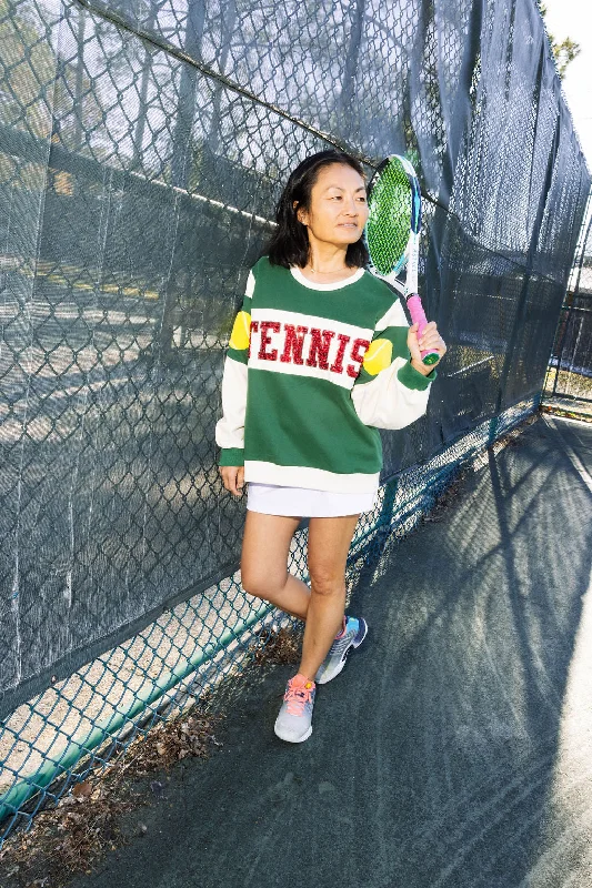 Leather-Paneled SweatshirtsGreen, White & Red Jeweled 'Tennis' Sweatshirt