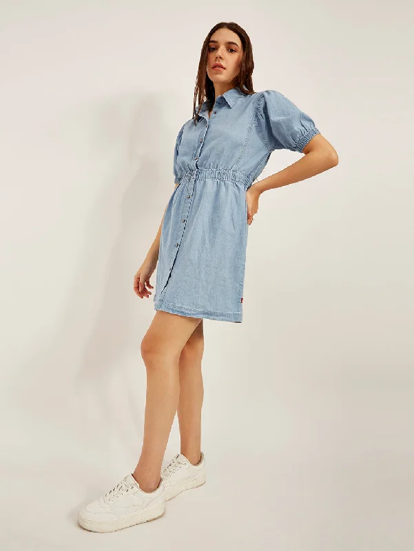 Women's Solid Light Blue Spread Collar Dress