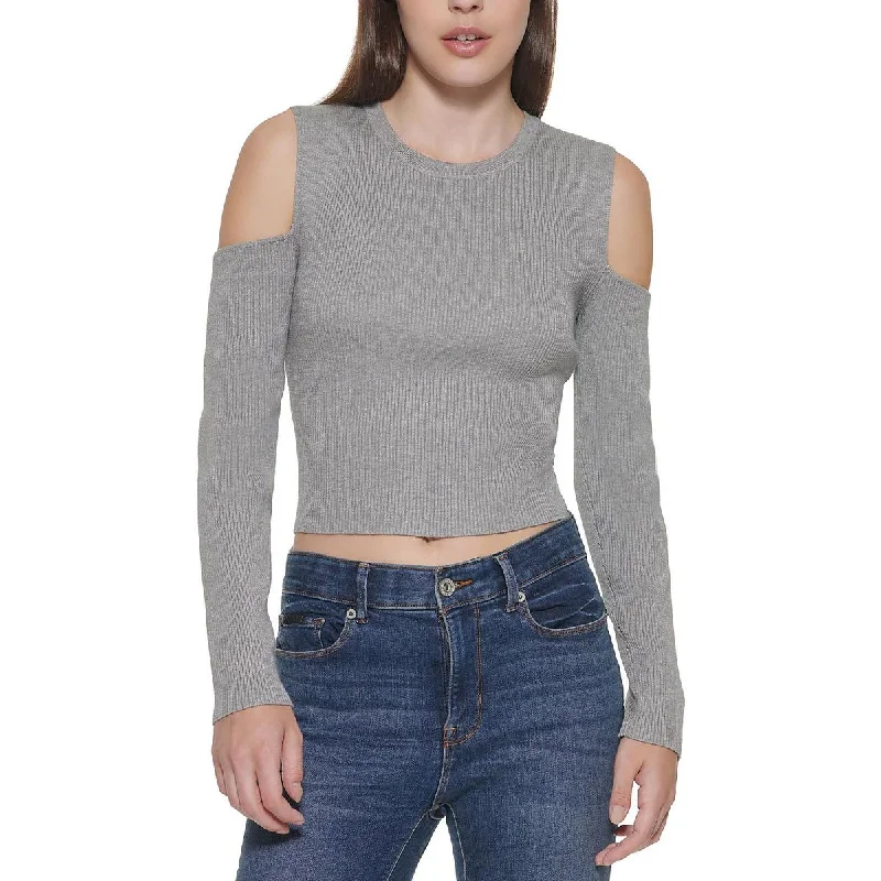 Thermal Knit TopsWomens Cut-Out Cotton Crewneck Sweater