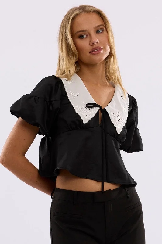 Black Babydoll Top Short Sleeve Collared SatinCasual Short Sleeve TopsCasual Short Sleeve Tops