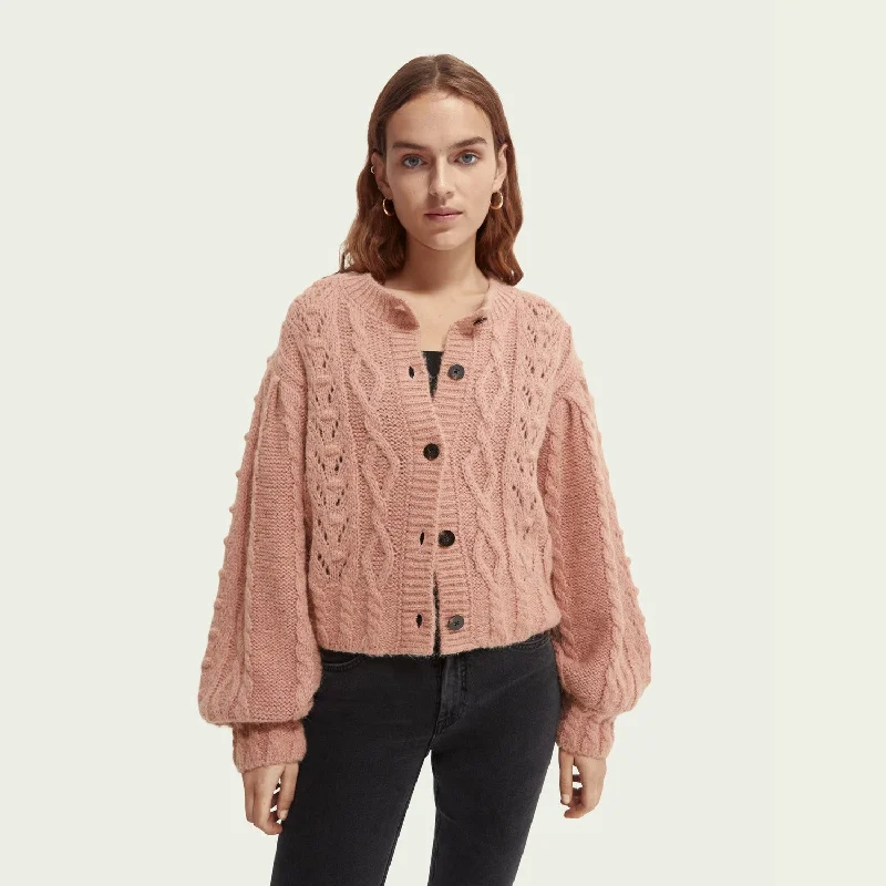 Cable Knit Relaxed Fit Cardigan (Pink Rose Melange)Zip-up cardigan