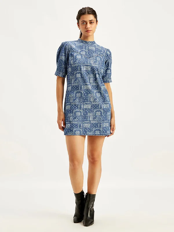 Women's Paisley Blue Band Neck Mini Dress