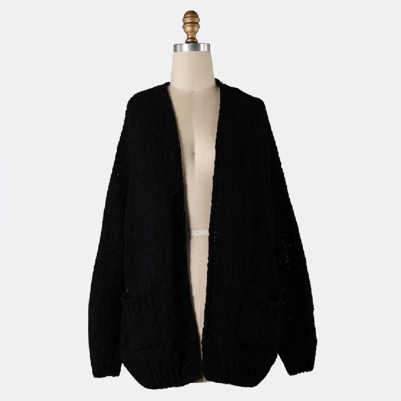 Chunky Chenille Cable Knit Cardigan (Black)Floral cardigan