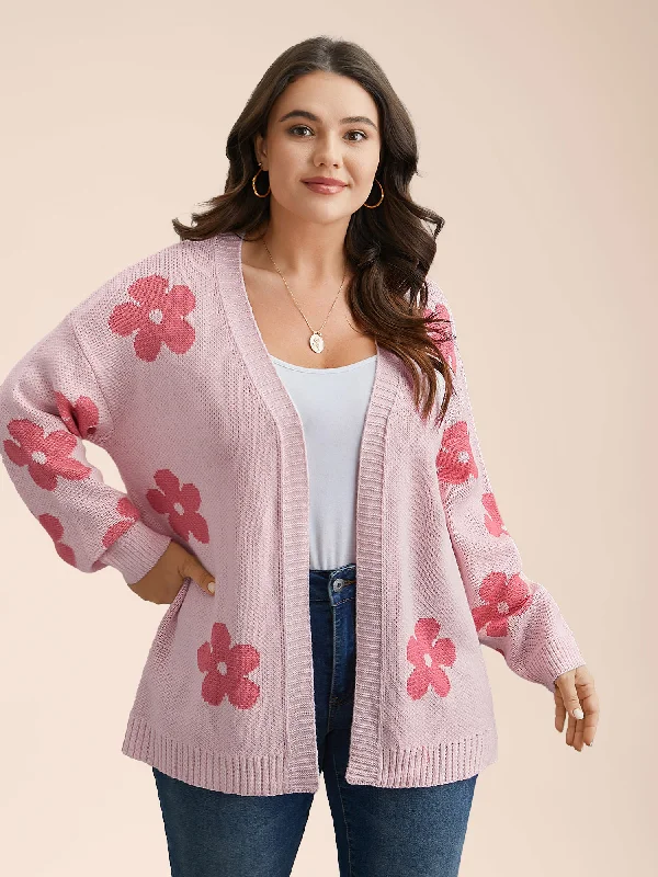 Floral Jacquard Ribbed Hem Knit CardiganCable-knit cardigan