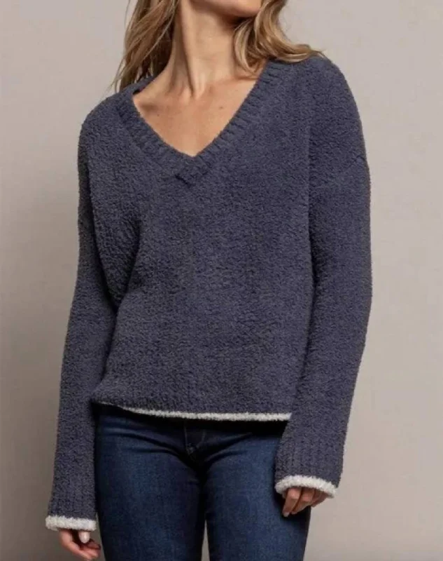 Polyester Knit TopsTerry V Neck Top In Steel Blue