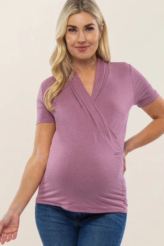 Mauve Solid Short Sleeve Wrap Front Maternity/Nursing TopScoop Neck Short Sleeve TopsScoop Neck Short Sleeve Tops