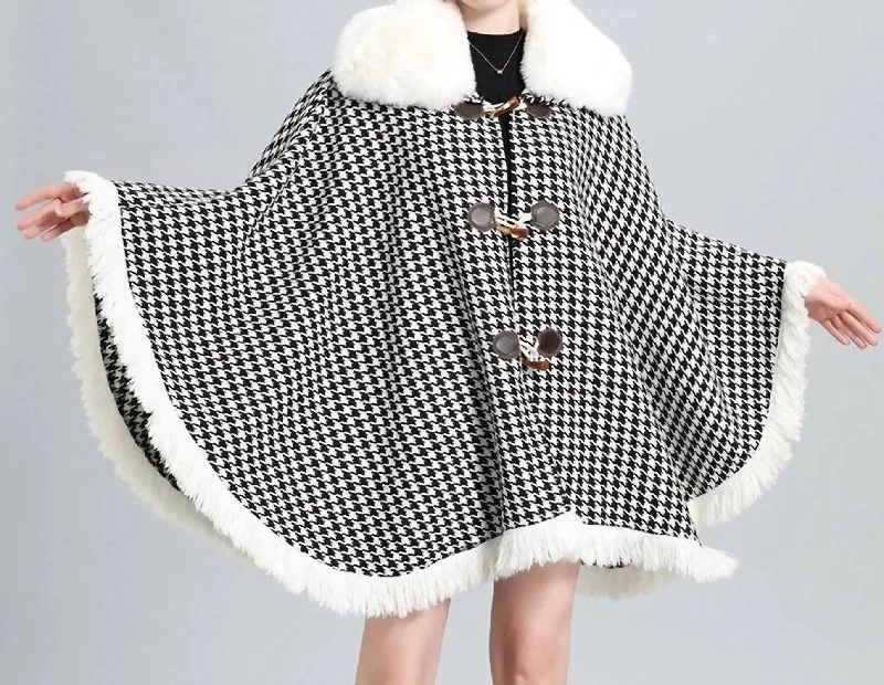 Button-Up Knit TopsHoundstooth Faux Fur Trim Cape Coat In Black/white