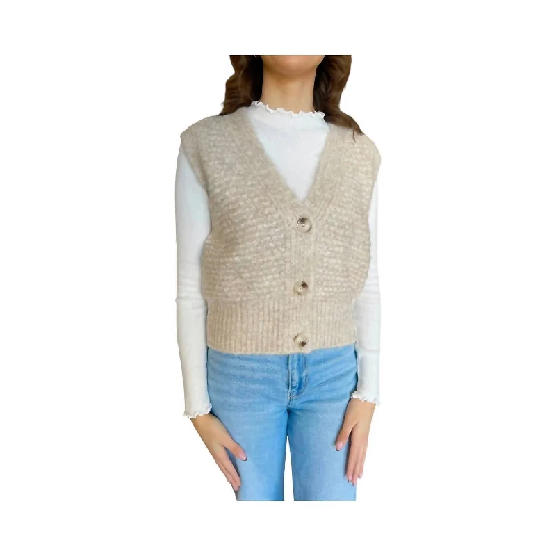 Ruffled Knit TopsButton Front Sweater Vest In Beige