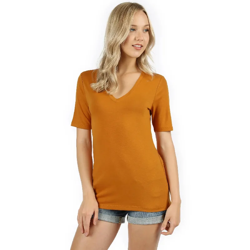 Zenana  Premium Fabric Short Sleeve V-Neck Tee Desert  RT-2109PRelaxed Fit Short Sleeve TopsRelaxed Fit Short Sleeve Tops