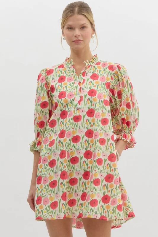 Floral Print Elasticated ¾ Sleeve Pullover Mini Swing Dress