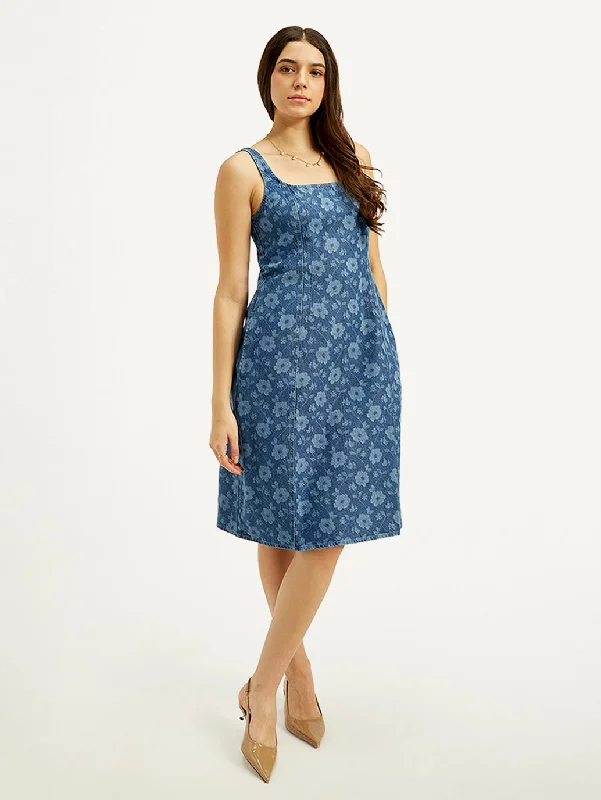 Women's Floral Blue Square Neck Dress