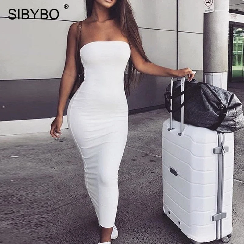 Sibybo Off Shoulder Strapless Sexy Women Dress Sleeveless Straight Long Bodycon Dress Backless Casual Autumn Party Dress Women