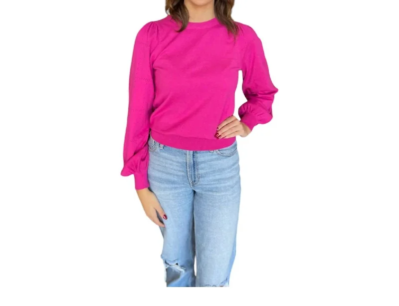 V-Neck Knit TopsPointelle Puff Sleeve Sweater In Pink