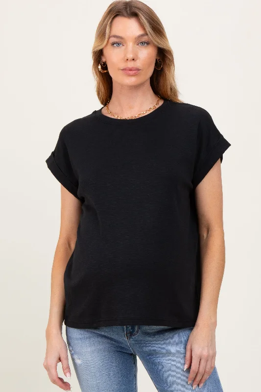 Black Rolled Short Sleeve Maternity TeeSlim Fit Short Sleeve TopsSlim Fit Short Sleeve Tops