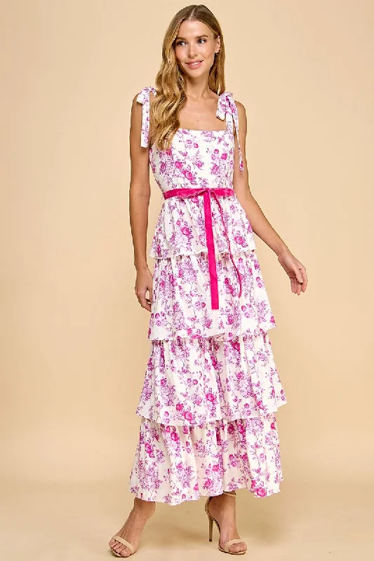 Floral Print Tiered Adjustable Straps Midi Dress