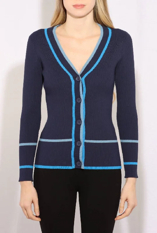 Angora Knit TopsLong Sleeve Bottun Front Rib Cardi In Navy Combo