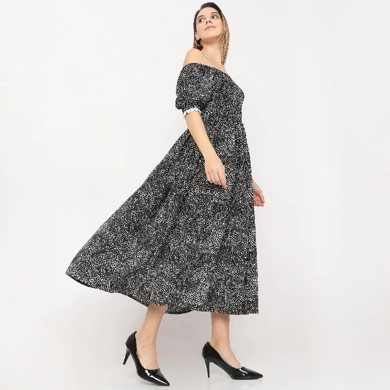 Printed Full Length Off Shoulder Flared Puff Sleeve Dress