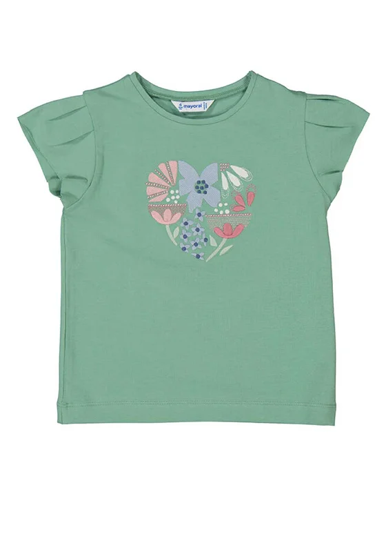 Mayoral Mini Girl Floral Heart Short Sleeve Tee, GreenPolyester Short Sleeve TopsPolyester Short Sleeve Tops