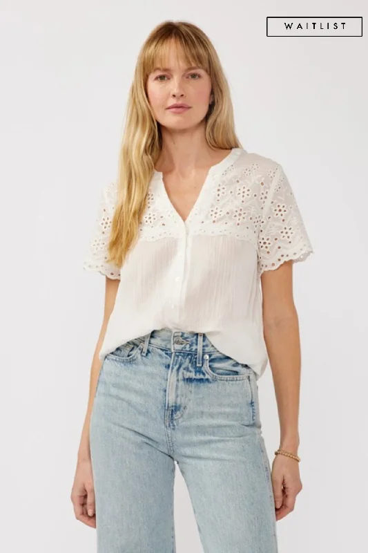 Waitlist 2/25 ♥ Shayla Short Sleeve Floral Eyelet Print Button Down Top WhiteDistressed Short Sleeve TopsDistressed Short Sleeve Tops