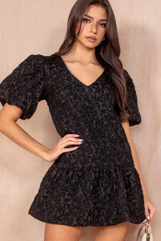 Hayley Black Jacquard Puffball Dress