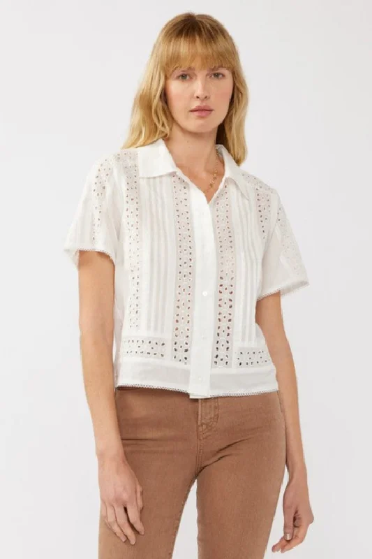 Gracie Short Sleeve Button Down Eyelet Trim Top WhiteMinimalist Short Sleeve TopsMinimalist Short Sleeve Tops