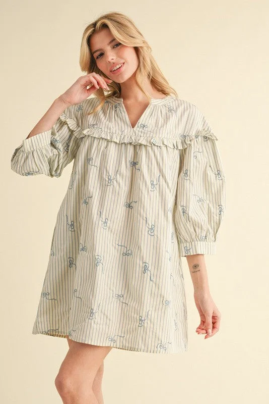 Striped Ribbon Embroidered Dress with Pockets