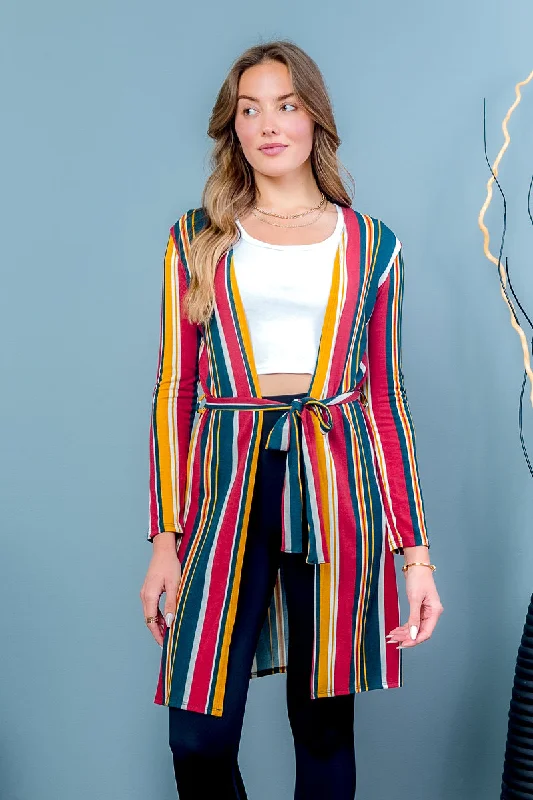 Multi Color Stripe Open Front Cardigan Sweater with Waist Tie (31762)Velvet cardigan