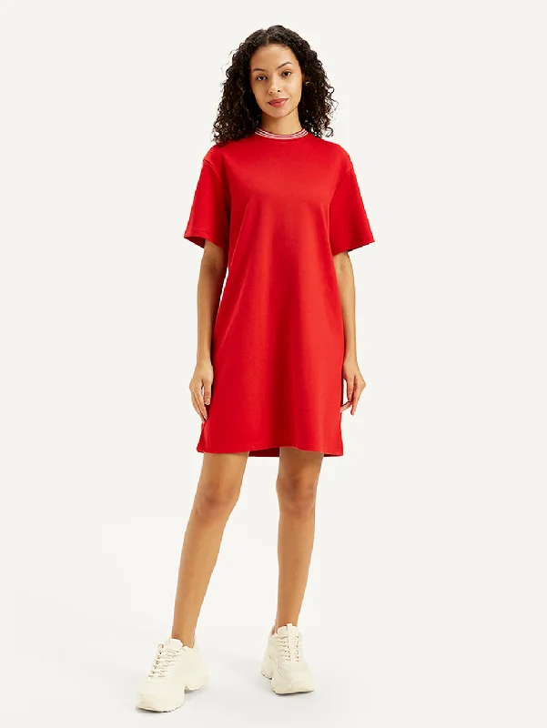 Women's Solid Red Crew Neck Dress