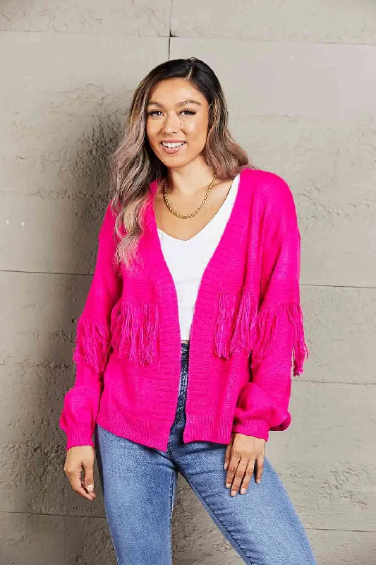 Double Take Fringe Trim Open Front CardiganRetro cardigan