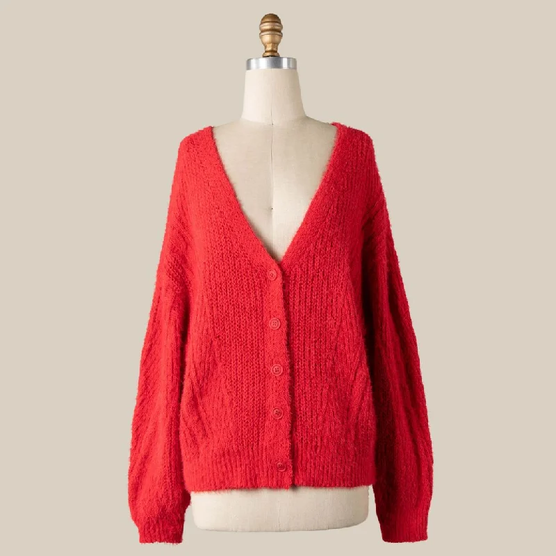 Button Down Fuzzy Cable Knit Cardigan (Red)Sustainable cardigan