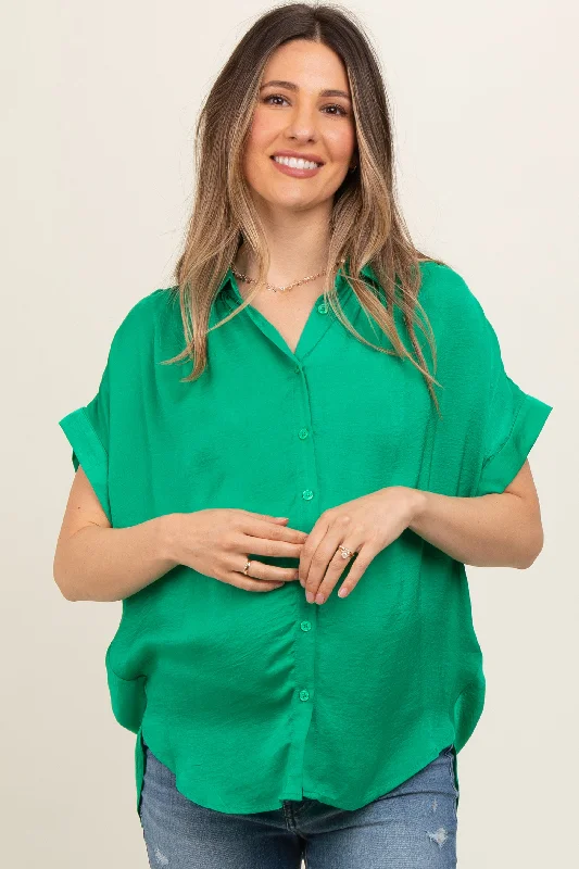 Green Satin Button Front Collared Short Sleeve Maternity TopHunting Short Sleeve TopsHunting Short Sleeve Tops