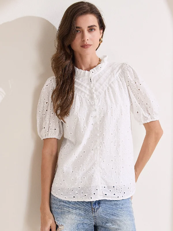 Ruffled Eyelet Puff Short Sleeves Casual BlouseWaterproof Short Sleeve TopsWaterproof Short Sleeve Tops