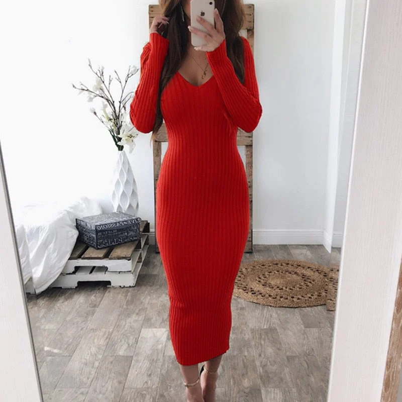 Autumn Knitted Bodycon Maxi Dress Casual Sexy V Neck Long Sleeve Women Elegant Winter Slim Fashion Long Dresses Thin Dress 2019