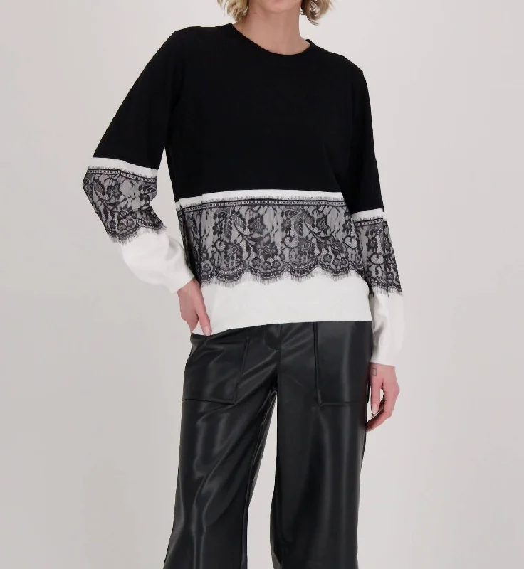 Embroidered Knit TopsContrast Lace Panel Sweater Top In Black And White